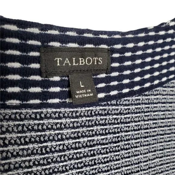 Talbots Size L Sweater Notched Neckline Basketweave Knit Cotton Blend Blue White - Picture 6 of 6